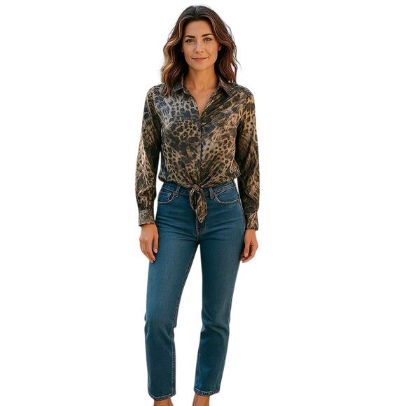 Sheer Leopard All Over Print Long Sleeve Button Down Women's Shirt - Picture 1 of 6